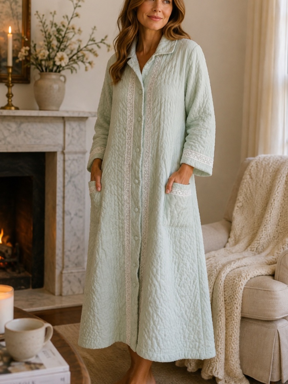 Christian Dior Vintage Womens Blue Quilted Long Housecoat Robe Lace Trim M